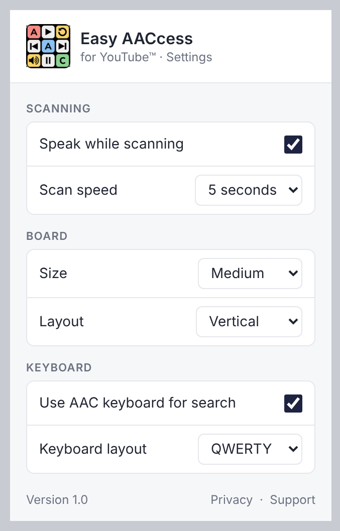 The Easy AACcess settings menu with options for scanning, the board and the keyboard